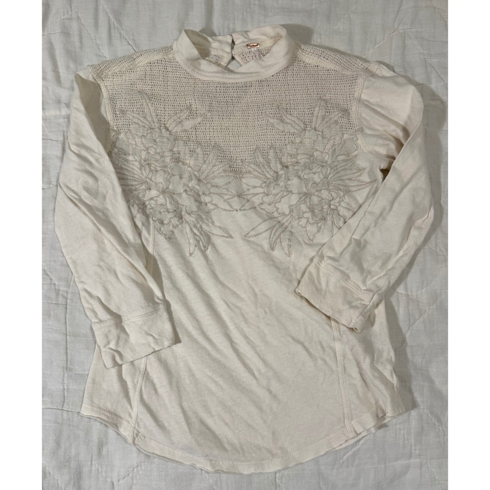 Free People Embroidered Crochet Linen Blend Cream Quarter Sleeve Top Small